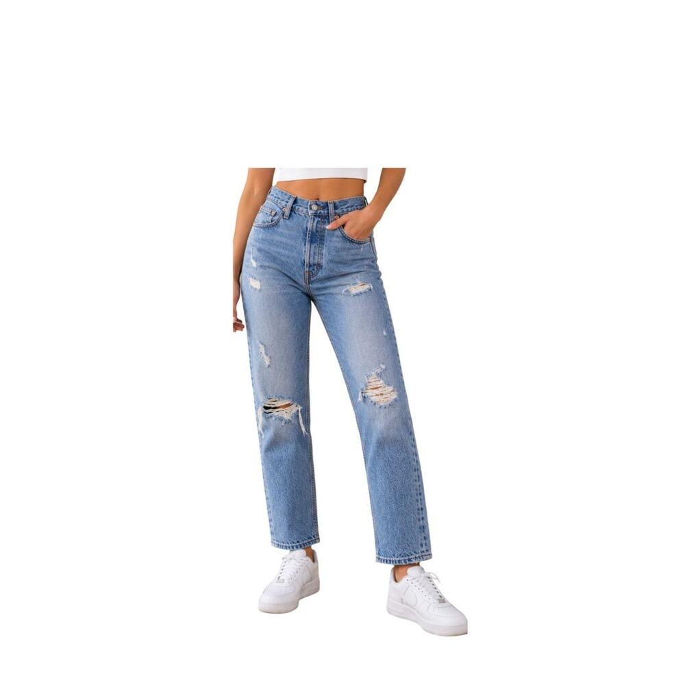 Levis Jeans Wedgie Straight Womens Size 27 Blue High Rise Distressed Button Fly